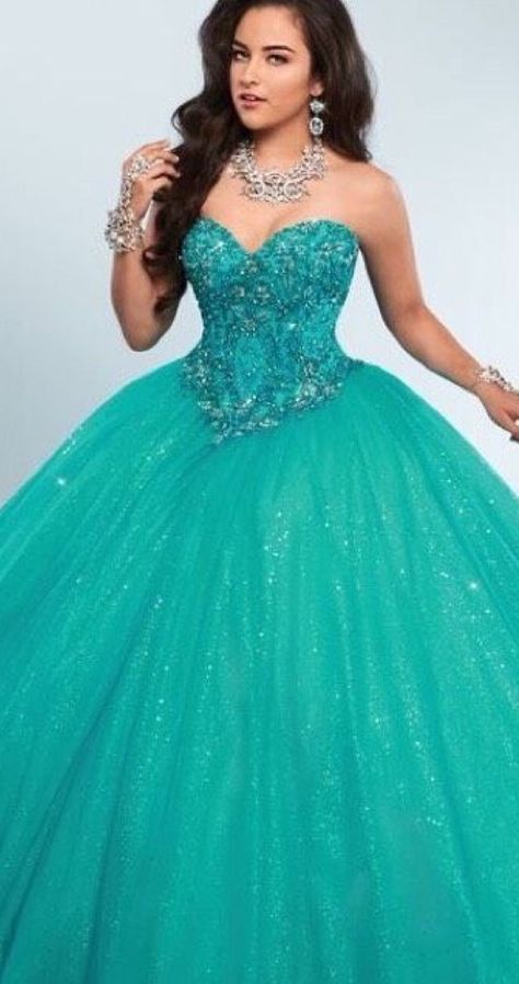 Princess Dresses Disney, Quince Dresses Turquoise, Aqua Quince Dress, Xv Aesthetic, Aqua Ball Gown, Aqua Dress Quinceanera, Aqua Blue Sweet 16 Dress, Aqua Color Dress, Princess Elise