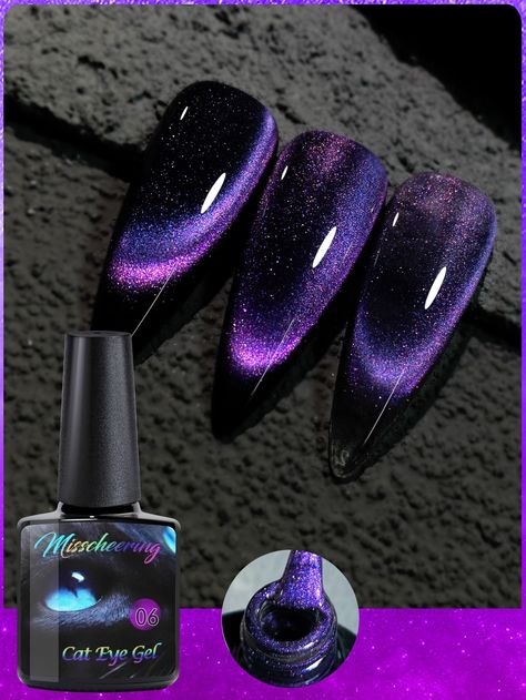 Cat Eye Gel Nail Polish, Nail Art Uv Led Soak Off Gel, Chameleon Magnetic Gel | SHEIN USA Black Magnetic Nails Design, Cat Eye Nails Purple, Cat Eye Halloween Nails, Cat Eye Nail Art, Chic Manicure, Nail Polish Nail Art, Cat Eye Gel Polish, Manicure Gel, Magnetic Nails