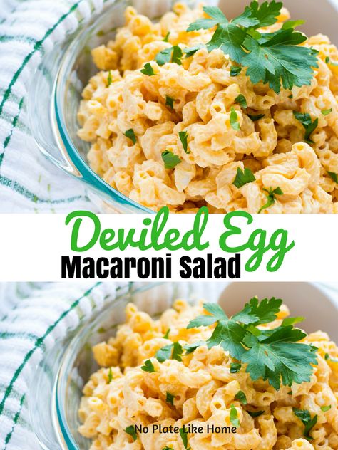 DEVILED EGG MACARONI SALAD by No Plate Like Home - Weekend Potluck 386 Deviled Egg Macaroni Salad Recipe, Macaroni Salad Recipe Easy, Crustless Tomato Pie, Deviled Egg Macaroni Salad, Egg Macaroni Salad, Classic Macaroni Salad, Smothered Pork, Deviled Eggs Easy, Classic Meatloaf