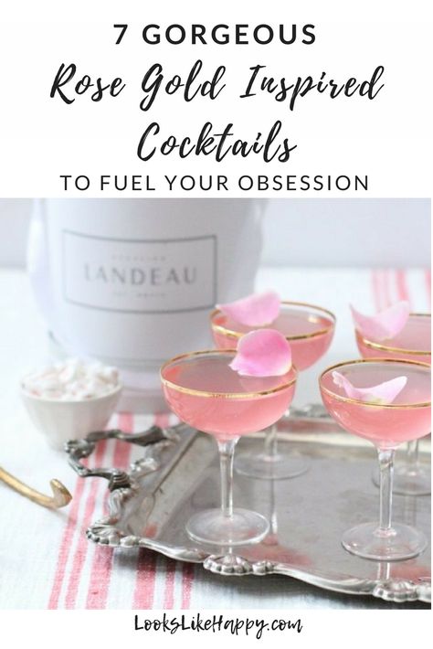 7 Gorgeous Rose Gold Inspired Cocktails To Make This Weekend - Looks Like Happy  #cocktails #cocktailsrecipes #rosegold #rose #drinks #drinkrecipes #vodka #gin #mimosa #margarita #martini Rose Gold Drinks, Mimosa Margarita, Rose Drinks, Margarita Martini, Frozen Rose, Gold Drinks, Rose Lemonade, Rose Cocktail, Popular Cocktails