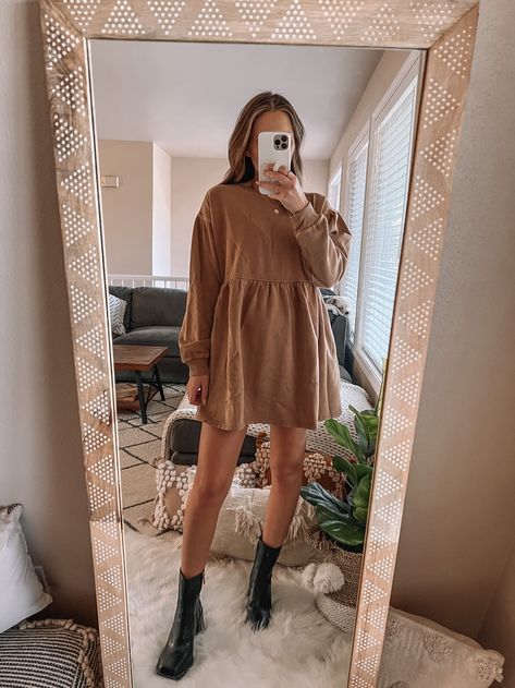 Babydoll Long Sleeve Dress, Long Sleeve T Shirt Dress, Long Sleeve Baby Doll Dress, Fall Long Sleeve Dress, Long Sleeve Fall Dress Casual, Babydoll Dress Long Sleeve, Fall Church Dress, Babydoll Dress Outfit Fall, Casual Fall Dress Outfit