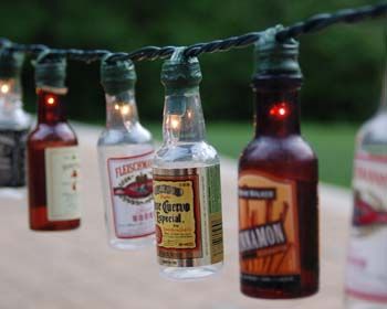 Patio lights...booze bottles, a string of white lights, and some floral tape Patio Party Lights, Miniature Alcohol Bottles, Empty Liquor Bottles, Diy Patio Ideas, Patio Lights, Patio Party, Alcohol Bottles, Bottle Lights, Party Lights