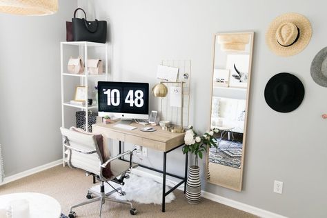 Blog Office Reveal: On a Budget | hat wall, minimalist home, blogger decor, joss and main office chair Cloffice Ideas, Home Office Design On A Budget, Pinterest Home, Home Office Storage, Trendy Home, Office Inspiration, Minimalist Decor, Home Office Design, Minimalist Home