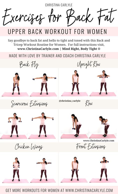 Back Fat Workout For Women that helps burn fat and tighten and tone the back by trainer Christina Carlyle. https://christinacarlyle.com/back-workout-women/ Back Workout For Women, Tricep Workout Routine, Exercises For Back Fat, Arm Workout Routine, Arm Fat Exercises, Exercises For Back, Short Workout, Beginner Pilates, Good Arm Workouts