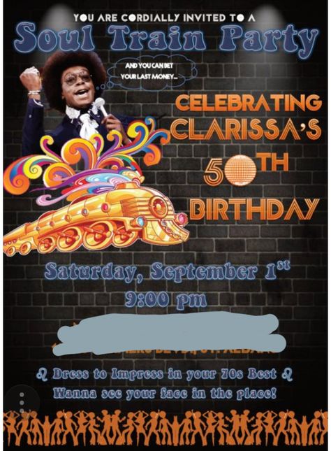 I designed my personalized  party invite Soul Train Invitations, Soultrain Party Ideas, Soul Train Party Decorations, Soul Train Themed Party, Train Party Invitations, Motown Party, Soul Train Party, Retro Wedding Decorations, Train Invitation