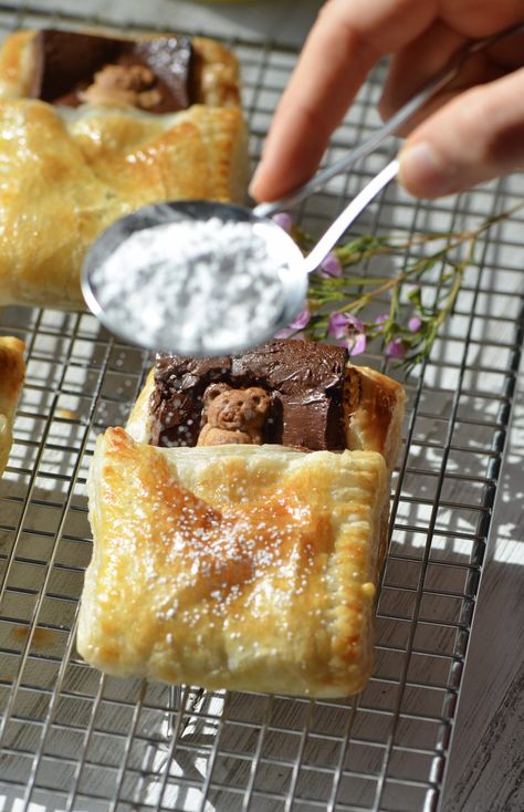 Chocolate Puff Pastry Sleeping Bears – Corrigan Sisters Puff Pastry Teddy Bear, Teddy Graham Desserts, Teddy Graham Puff Pastry, Teddy Bear Puff Pastry, Bear Pastries, Corrigan Sisters, Chocolate Puff Pastry, Puff Pastry Chocolate, Oat Cookie Recipe