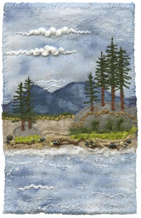 Simpul Makrame, Landscape Art Quilts, Landscape Quilt, Textile Art Embroidery, Fabric Postcards, Sky Artwork, Fabric Cards, Landscape Quilts, Fabric Pictures