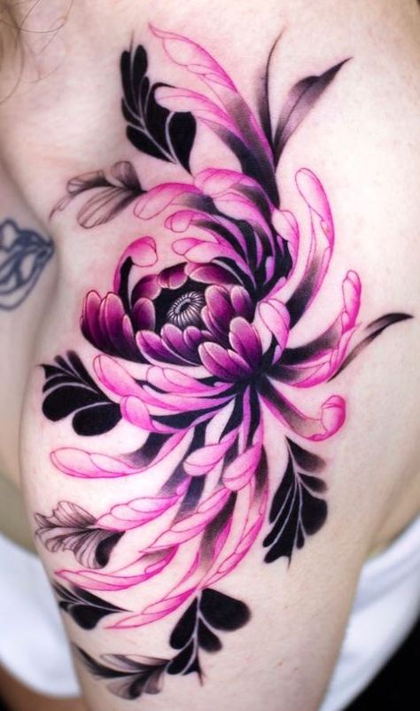 Japanese Flower Tattoo Color, Japanese Flower Tattoos For Women, Flower Tattoo Designs Colored, Crysanthemum Tattoo Colored, Chrissanthamum Flower Tattoo, Pink Chrysanthemum Tattoo, Color Chrysanthemum Tattoo, Chrysanthemum Tattoos For Women, Chrisanthiums Flower Tattoo Design