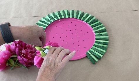 Pizza Pan Crafts Diy Dollar Tree Spring, Watermelon Clothespin Wreath, Watermelon Wreath, Spring Pizza Pan Door Hanger, Watermelon Deco Mesh Wreath, Pink Spray Paint, Make Your Own Wreath, Best Knots, Summer Door Wreaths