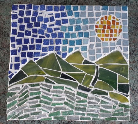 Mosaic Art For Beginners Simple, Mountain Mosaic, Mosaic Stepping Stone, Mosaic Tile Art, Toilet Room, Small Toilet, Mosaic Ideas, Watercolor Mountains, Watercolor Landscape Paintings