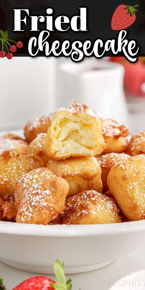 These deep fried cheesecake bites are the perfect finger food dessert, are easy to make, and uses frozen cheesecake as a time saver! Fried Cheesecake Bites, Deep Fried Cheesecake, Finger Food Dessert, Sweet Puff Pastry Recipes, Deep Fried Desserts, Sweet Puff Pastry, Fried Cheesecake, Finger Food Desserts, Cake Push Pops