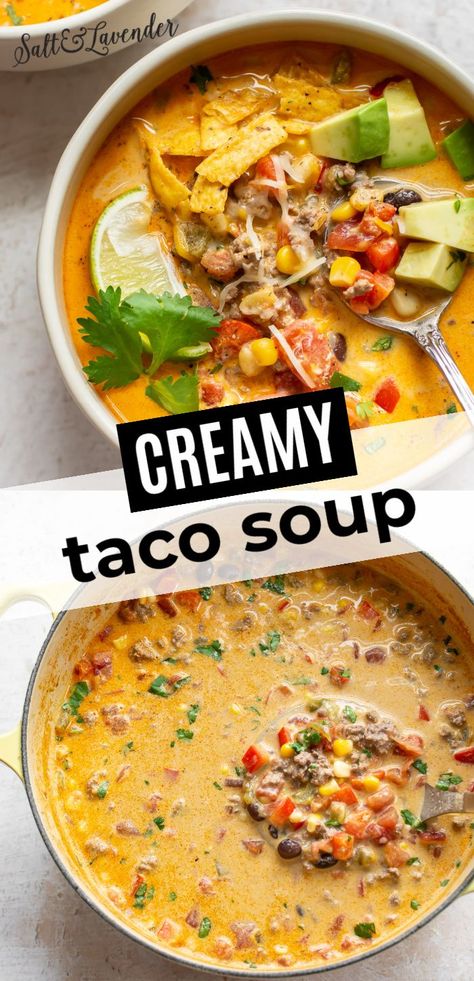 Creamy Taco Soup Recipe, Creamy Taco Soup, Creamy Soup Recipes, Beef Soup Recipes, Taco Soup Recipe, Beef Soup, Taco Soup, Creamy Soup, Soup And Sandwich