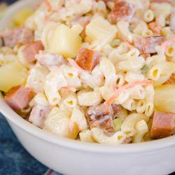 Hawaiian Macaroni Salad with Spam - Devour Dinner Macaroni Salad With Spam, Pasta Salad With Spam, Hawaiian Mac Salad With Potatoes, Hawaiian Potato Mac Salad Recipe, Hawaii Mac Salad, Hawaiian Pasta, Hawaiian Pasta Salad, Hawaiin Macaroni Salad Recipe, Hawaiian Mac Salad