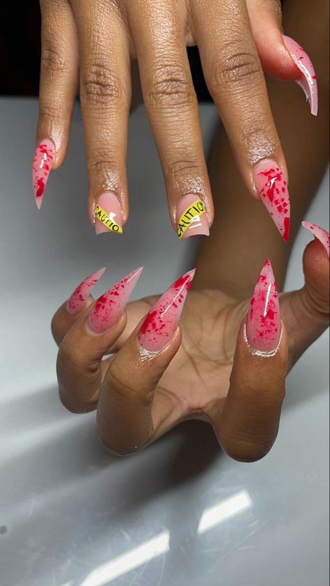 Blood Splatter French Tip Nails, Short Blood Splatter Nails, Stiletto Spooky Nails, Caution Tape Nails, Blood Splatter Nails Short, Caution Nails, Halloween Nails Blood Splatter, Halloween Stiletto Nails Design, Stiletto Nails Halloween