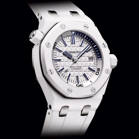 AS WELL AS BEING THE YEAR OF THE OFFSHORE, 2014 IS ALSO NOTABLE FOR THE BOLD USE OF WHITE CERAMIC AT AUDEMARS PIGUET Audemars Piguet Royal Oak Offshore Diver 42mm (See more at En/Fr/Es: http://watchmobile7.com/articles/audemars-piguet-royal-oak-offshore-diver-42mm) (1/3) #watches #audemarspiguet #royaloakoffshore @Audemars Piguet Audemars Piguet Diver, Audemars Piguet Gold, Ap Royal Oak, Audemars Piguet Royal Oak Offshore, Audemars Piguet Watches, Ceramic Watch, Royal Oak Offshore, Gents Watches, Buy Watches