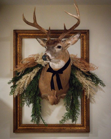 Vintage, rustic, neutral, cottage farmhouse christmas decor. Deer mount wall decor, Christmas Deer #homedesign #homedecorideas #homedecoration #decor #cottage #vintagedecor #rustichomedecor #farmhousedecor #cozylivingroom #cozy #christmas #christmasdecor #christmasdecoration #holidaydecorating Buck Head Decor, Decorate Deer Mount For Christmas, Christmas Tree Deer Theme, Vintage Brass Horn Christmas Decor, Dear Mount Decor, Christmas Antler Decor, Christmas Decor With Antlers, Deer Themed Christmas Tree, Deer Head Christmas Decor