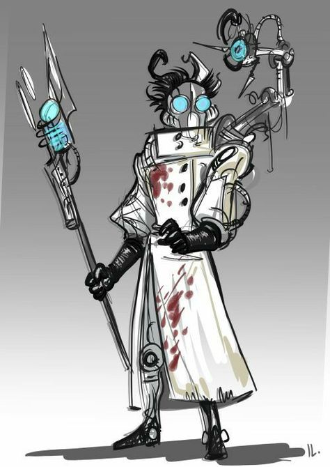 Fantasy Surgeon, Surgeon Character Design, Mad Scientist Oc Art, Crazy Scientist Character Design, Evil Scientist Oc, Scientist Concept Art, Mad Scientist Art, Mad Scientist Character Design, Mad Scientist Oc