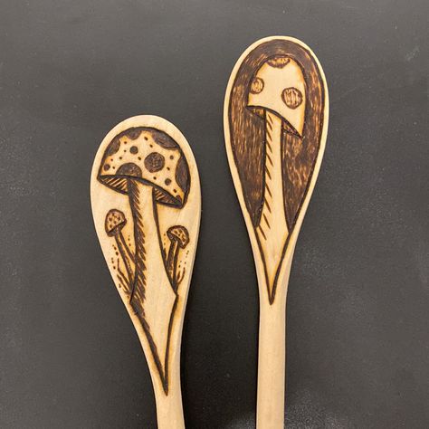 Adorable Whimsical Mushrooms Wood Burned On These Wooden Spoons Beechwood Spoons Measure 12 Inches Long Ready For Immediate Use 100% Food Safe Hand Wash In Warm Water Rustic Farmhouse Kitchen Essentials Baking Cooking Professional Chef Home Cook Gnomes Whimsical Enchanted Forest Kitchen Decor Charcuterie Posh Ambassador Same Or Next Day Non-Smoking Home And Art Studio Wood Burning Ideas Coasters, Wood Burning Ideas To Sell, Woodburning Art Ideas, Wooden Burning Ideas, Wood Burning Beginner, Cute Wood Burning Ideas, Halloween Wood Burning Ideas, Simple Wood Burning Ideas, Wood Burning Art For Kitchen