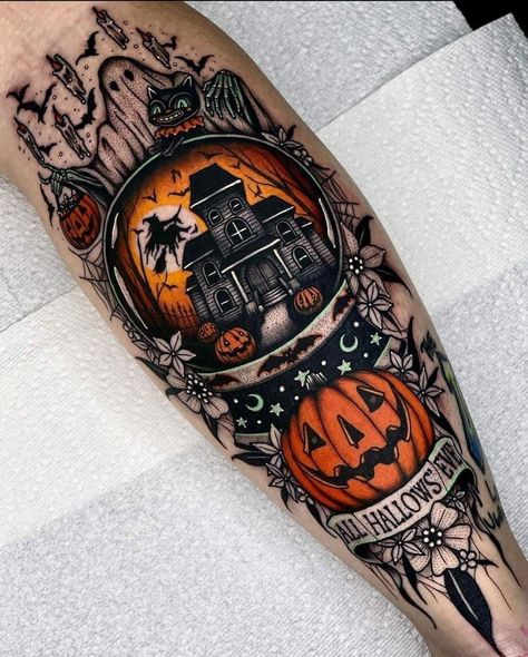 Halloween Sleeve Tattoo, Halloween Sleeve, Cute Halloween Tattoos, Halloween Tattoos Sleeve, Halloween Tattoo Ideas, Tattoo Halloween, Pumpkin Tattoo, Autumn Tattoo, Theme Tattoo