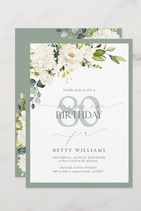 Elegant Gray Green Floral Surprise Birthday Invitation Our bestselling bridal shower invitation gets a surprise birthday makeover! #80thbirthday #elegant #birthday #happybirthday #birthdaycards #birthdayparty Surprise Birthday Invitations, 85th Birthday, Elegant Birthday, 80th Birthday, Elegant Invitations, Bridal Shower Invitation, Birthday Surprise, Gray Green, Bridal Shower Invitations