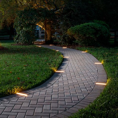 Tru-Scapes Paver Lights | LED - Outdoor Paver Lights | Offered by Belgard Walkway Lighting Ideas, Pavement Ideas, Paving Stones Walkway, Walkway Garden, Paver Lights, Paver Ideas, Stone Patios, Pavement Design, Deck Remodel