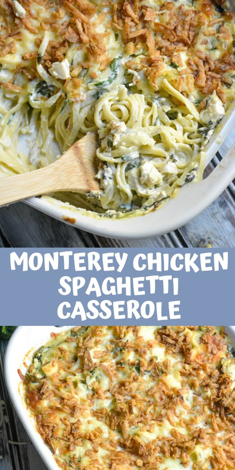 Monterey chicken spaghetti casserole is a yummy baked dish that makes the perfect freezer meal. This classic Midwestern casserole is the definition of comfort food with its tender pieces of chicken, noodles and a creamy cheesy sauce. It’s the perfect dinner to feed the family. #casserole #chicken #spaghetti Monterey Chicken Spaghetti Bake 12 Tomatoes, Overnight Monterey Chicken Pasta, Casseroles With Spaghetti Noodles, Baked Spinach Chicken Spaghetti 12 Tomatoes, Monterey Chicken Casserole, Monterey Spaghetti Bake, Monterey Chicken Spaghetti Bake, Monterrey Spaghetti, Monterey Chicken Spaghetti Casserole