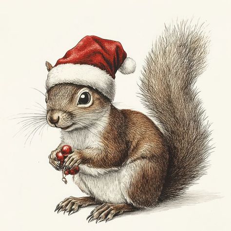 A squirrel wearing christmas hat illustration animal art. | free image by rawpixel.com Watercolor Squirrel, Squirrel Drawing, Tshirt Upcycle, Squirrel Illustration, Vintage Squirrel, Hat Illustration, Black Squirrel, Christmas Squirrel, Christmas Bazaar