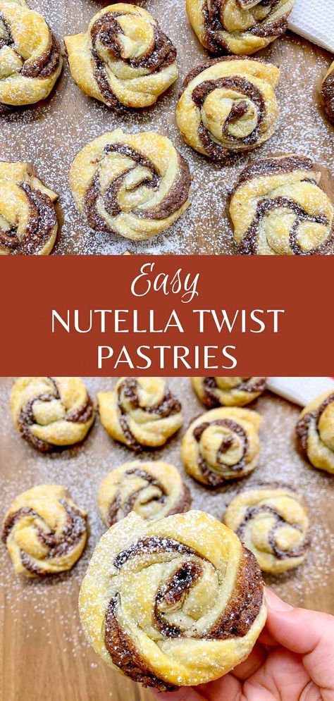 Nutella Twist Pastries (3 Ingredient!) Nutella Phyllo Pastry, Puff Pastry Nutella Twist, Nutella Pinwheels Puff Pastries, Nutella Cream Puffs, Puff Pastry Twists Sweets, Nutella Puff Pastry Twist, Nutella Puff Pastries, Puff Pastry Recipes Nutella, Nutella Twists Puff Pastries