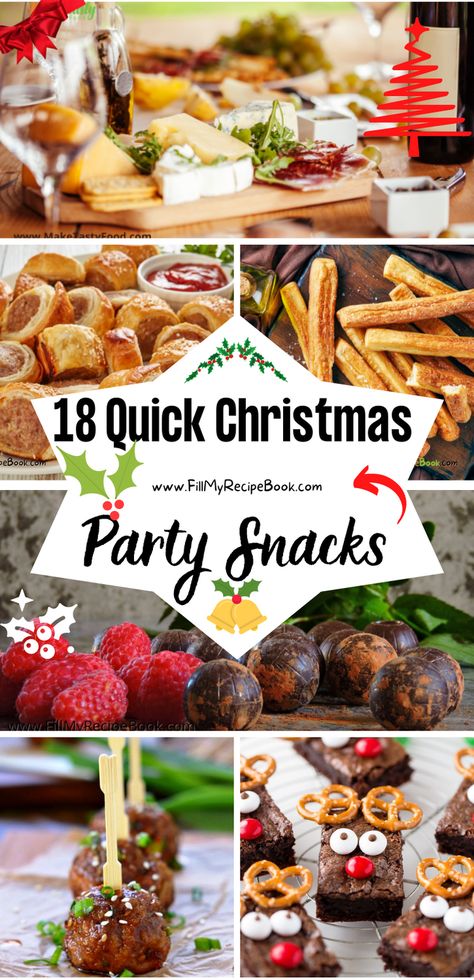 snacks for a platter such as cheese sticks sausage pastry rolls and truffle balls, brownies and meat balls on a stick and mor. Christmas Book Club Food, Cheese And Cracker Christmas Platter, Snack Ideas For Christmas Party, Office Party Snacks, Friendmas Dinner, Snacks For Office, Savory Snacks For Party, Savory Christmas Snacks, Christmas Snacks Savory