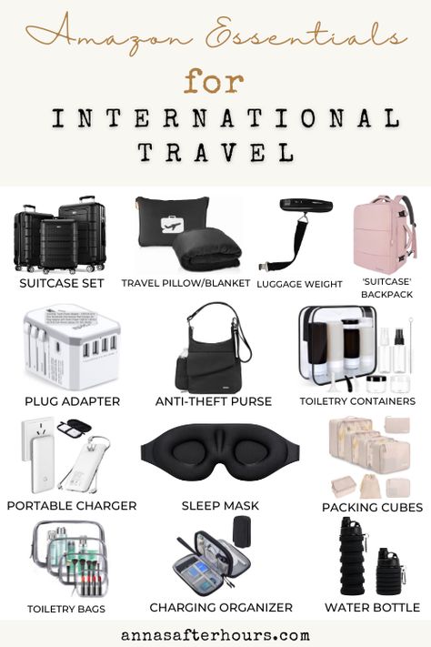 A complete list of Amazon must haves for international travel | handy foreign travel necessities that you will actually use | travel essentials| helpful trip essentials Best Toiletries Bag For Travel, Overseas Packing List, Airport Essentials, International Travel Essentials, Must Have Travel Accessories, Travel Packing List, International Trip, Ultimate Packing List, Packing Guide