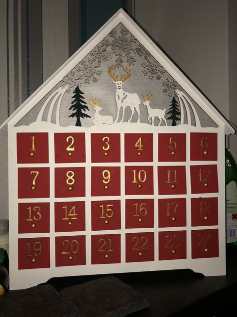 Hand painted advent calendar. Painted Advent Calendar House, Painted Wooden Advent Calendar, Painted Advent Calendar, Wood Advent Calendar, Advent House, Wooden Advent Calendar, Calendar Ideas, Advent Calendars, Christmas 2016