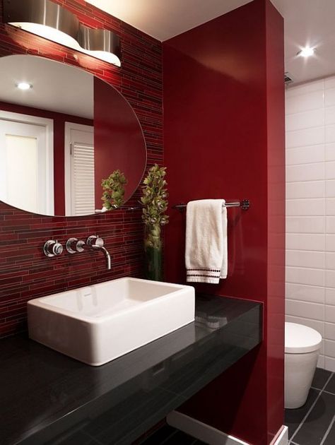 24 Hot Cranberry Monochromatic Rooms | DigsDigs Glitter Bathroom, Design Interior Baie, Red Bathroom Accessories, Red Interior Design, Red Bathroom Decor, Monochromatic Room, Black Bathroom Decor, Red Bathroom, Bathroom Red