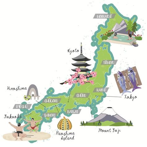 Illustrated Tourist Map of Japan | Illustrated Maps | Bek Cruddace Illustration Japan Tourist Map, Map Of Japan, Japan Map Illustration, Naoshima Island, All About Japan, Japan Map, Business Cartoons, China Map, Japan Illustration