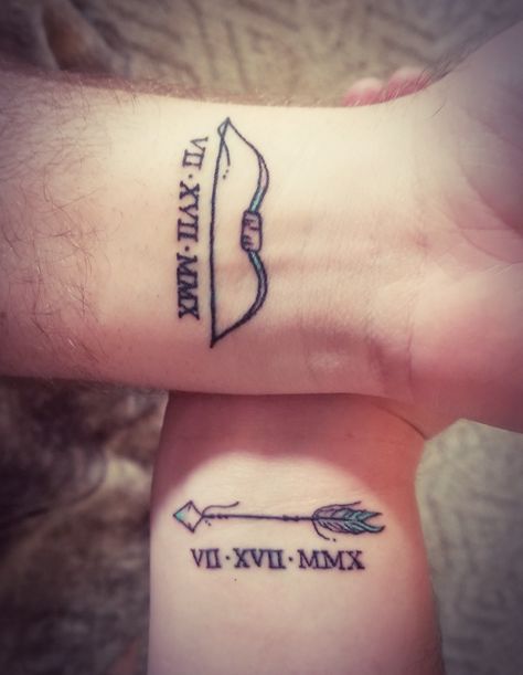 Bow Arrow Tattoos Couple, Bow And Arrow Couples Tattoo, His And Her Bow And Arrow Tattoos, Matching Tattoos Couples Bow And Arrow, Bow And Arrow Couple Tattoo Ideas, Arrow Tattoos For Couples, Matching Arrow Tattoos Couple, Matching Hunting Tattoos, Bow And Arrow Matching Tattoo