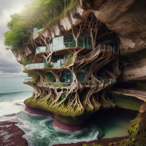 Step into a world where architecture and nature unite. This cliffside retreat is designed to blend into its rocky surroundings, featuring glass floors over ocean waves, tree-integrated interiors, and moss-covered walls. The future of sustainable luxury living! 🌿✨ #CoastalLiving #LuxuryEcoHome #NatureInspiredDesign Organic Architecture Design, Architecture Design Ideas, Moss Covered, Living On The Edge, Organic Architecture, Glass Floor, Eco House, Nature Inspired Design, Ocean Views