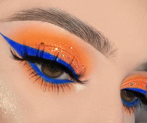 Blue And Orange Eye Makeup, Orange And Blue Makeup Looks, Blue And Orange Makeup Look, Blue And Orange Eyeshadow Looks, Orange And Blue Eyeshadow Looks, Orange And Blue Makeup, Blue And Orange Makeup, Eye Makeup Guide, Futuristic Makeup