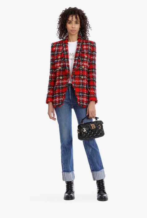 Plaid Blazer Outfit Women, Tweed Blazer Outfit Women, Tweed Blazer Outfit, Plaid Jacket Outfit, Plaid Blazer Outfit, Tartan Suit, Red Plaid Jacket, Winter Things, Blue Jean Outfits