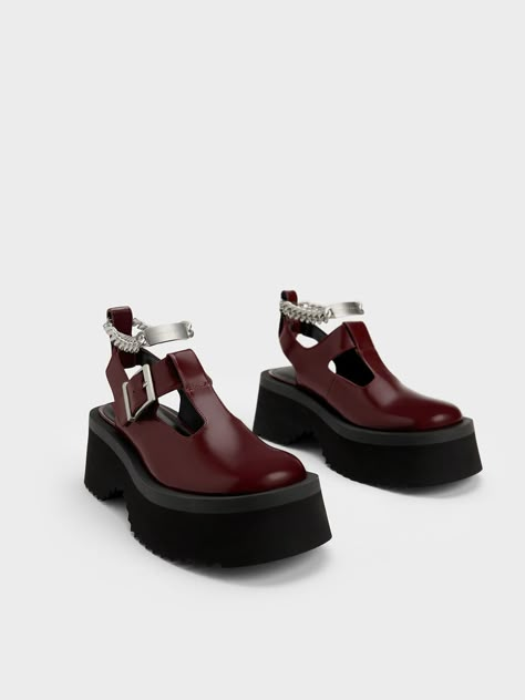 Chunky Chain Cut-Out Mary Janes, Maroon, hi-res Cute Converse, White Sandals Heels, Online Shopping Shoes, Faux Leather Heels, Platform Loafers, Charles Keith, Crazy Shoes, Derby Shoes, Dream Shoes