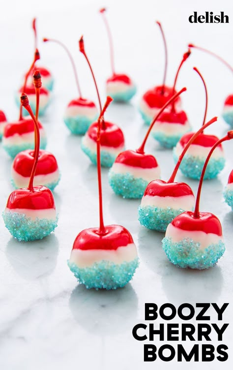 Boozy Cherry Bombs Will Light Up Your Fourth Of JulyDelish Individual Desserts With Alcohol, Alcohol Fruit Soaked Recipes, Food With Alcohol In It Recipes, Booze Infused Fruit, Alcohol Treats For Parties, Boozy Halloween Treats, Drunken Fruit Recipes Alcohol, Alcoholic Candy Recipes, Alcohol Dessert Recipes