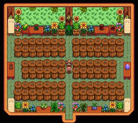 Stardew Valley Design, Stardew Farms, Stardew Valley Layout, Stardew Valley Tips, Stardew Valley Farms, Farm Games, Farm Layout, Jar Decor, Farm Art