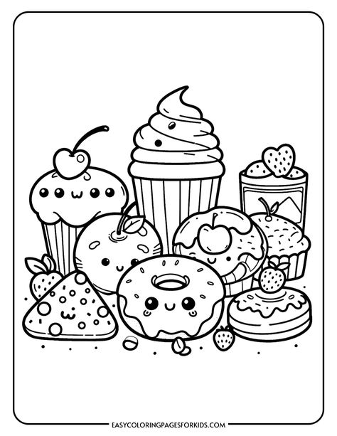 Cute cartoon-style coloring page featuring various desserts, including cupcakes, donuts, and fruit, designed for kids' coloring activities. Cooking Coloring Pages, Drawing Without Color, Cute Pictures To Color, Sweets Coloring Pages, Food Coloring Pages Free Printable, Food Coloring Sheets, Cute Food Coloring Pages, Easy Coloring Pages For Kids, Adorable Food