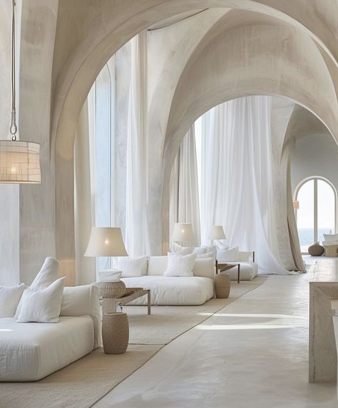 Goddess Living Room, Mediterranean Arches, Mediterranean Minimalist Interior, Interior Design Aesthetic, Dream House Aesthetic, Bohemian Luxe, Zen House, Beautiful Interior Design, Home Building Design