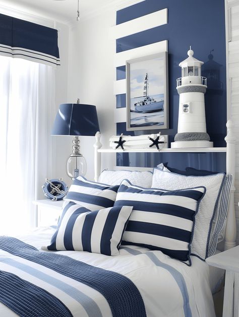 Nautical Room Ideas, Nautical Living Room Ideas, Nautical Bedroom Ideas, Sea Of Tranquility, Nautical Room, Blue And White Pillows, Nautical Bedroom, Boat Model, Slaap Lekker