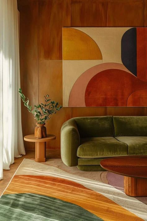 Modern Pop Living Room, Bright Orange Living Room, Retro Interior Design 1970s Modern, Pnw Living Room, 70s Minimalism Interior, Colorful Mcm Living Room, Relaxing Interior Design, Desert Interior Design Living Room, Green Kitchen Living Room