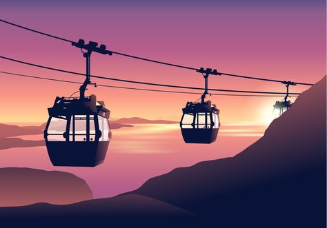 Cable Car at Sunset Vector Cable Car Illustration, Fragrance Bottle Design, Sunset Vector, Gcse Art Sketchbook, Mountain Drawing, City Farm, Mussoorie, Car Vector, Picture Books Illustration