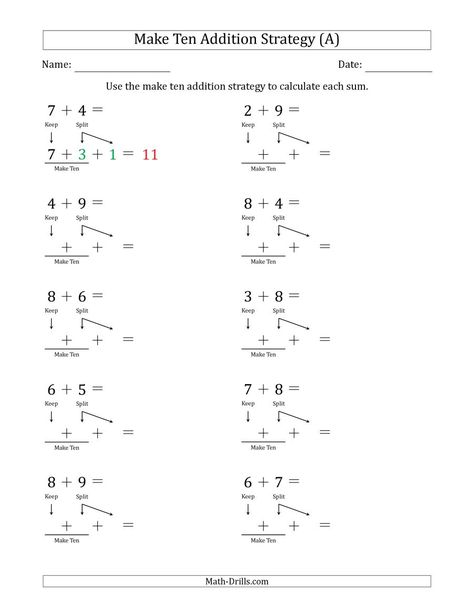 The Make Ten Addition Strategy (A) Math Worksheet from the Addition Worksheets Page at Math-Drills.com. Make 10 Addition Strategy, Making Ten Addition Strategy, Make A Ten Strategy For Addition, Make Ten, Mental Maths Worksheets, Addition Strategies, Subtraction Strategies, Math Drills, Teaching Plan