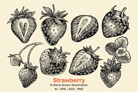 Drawing Strawberry, Strawberry Vector, Strawberry Svg, Strawberry Drawing, Strawberry Clipart, Strawberry Tattoo, Strawberry Art, Strawberry Design, Original Ink Drawing