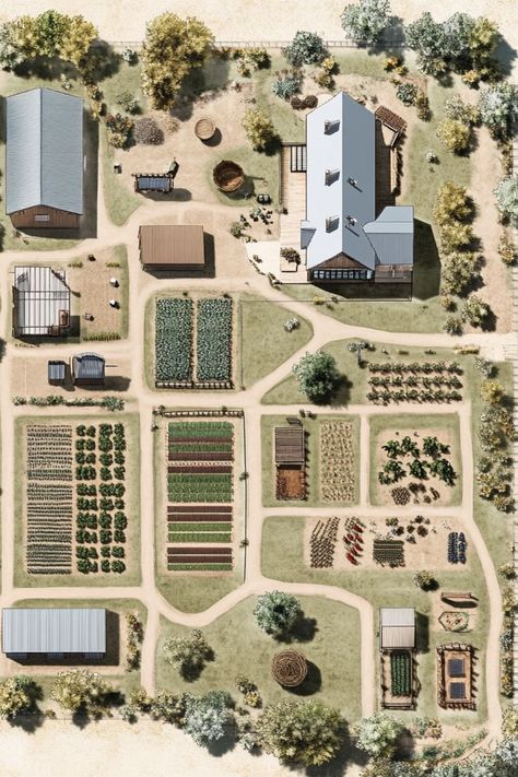 Aerial view of a structured farm with gardens, pathways, and several buildings. Key features include crop rows, trees, solar panels, and sheds. One Acre Homestead Layout, Family Village Plans, 5 Acre Homestead, Hobby Farms Layout, Sustainable House Plans, Ranch Layout, Under The Banner Of Heaven, Acre Homestead Layout, Sustainable Architecture House