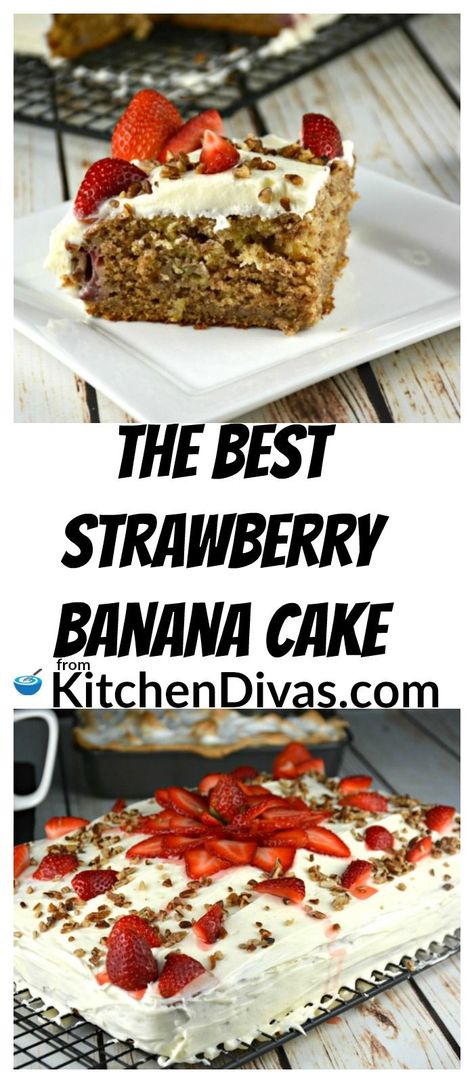 This recipe for The Best Strawberry Banana Cake is a definite keeper!  Perfect for strawberry season, and truth be told, any time of the year.  The cake comes out super moist every time.  No one needs dry cake in their lives!  The buttermilk really helps make this cake the perfect texture.  I also just love the flavor combination of strawberries and bananas together with that hint of cinnamon!  It really makes such a difference! Strawberry Banana Desserts, Strawberry Banana Cake, Strawberry Banana Cakes, Banana Desserts, Dry Cake, Cake Strawberry, Strawberry Season, Banana Cake Recipe, Banana Dessert