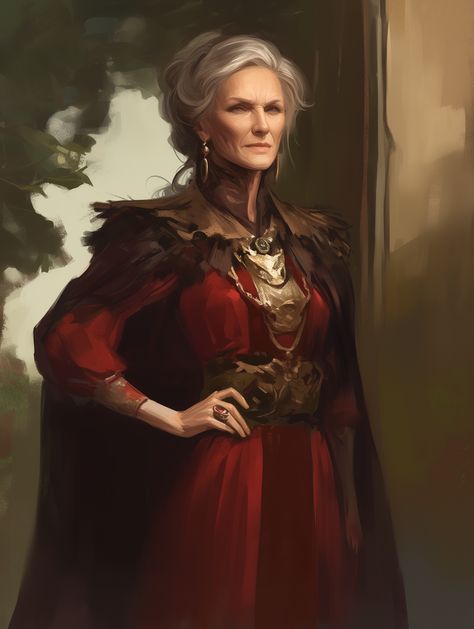 Dnd Female Villain, Fantasy Noblewoman Art, Dnd Old Lady, Red Sorceress, Dnd Peasant, Middle Ages Fantasy, Female Villains, Photo Prompts, Female Character Concept